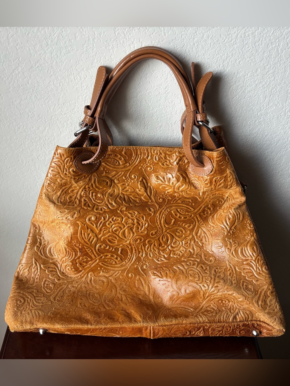 Genuine Italian Leather Handbag with Floral Embossing